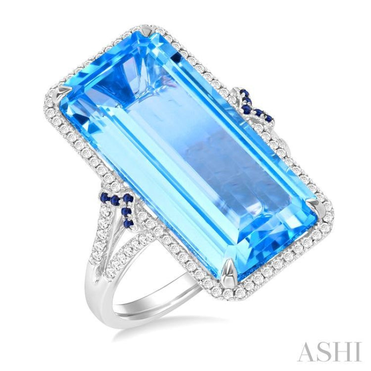 22x10 MM Emerald Cut Blue Topaz and 0.80 MM Round Sapphire & 1/4 Ctw Round Cut Diamond Halo Precious & Semi-Precious Ring in 14K White Gold