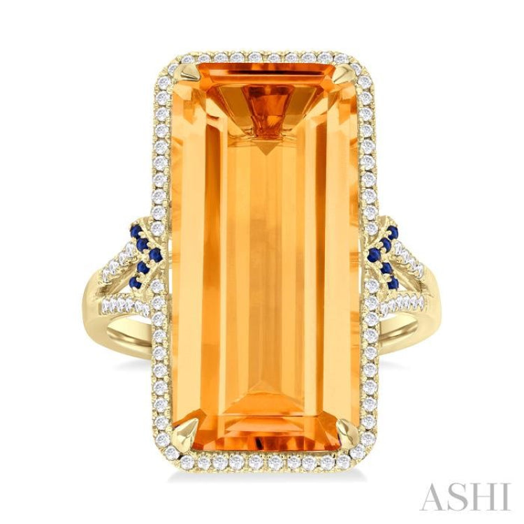22x10 MM Emerald Cut Citrine and 0.80 MM Round Sapphire & 1/4 Ctw Round Cut Diamond Halo Precious & Semi-Precious Ring in 14K Yellow Gold