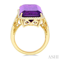 26x12 MM Emerald Cut Amethyst and 1/2 Ctw Round Cut Diamond Halo Semi-Precious Ring in 14K Yellow Gold