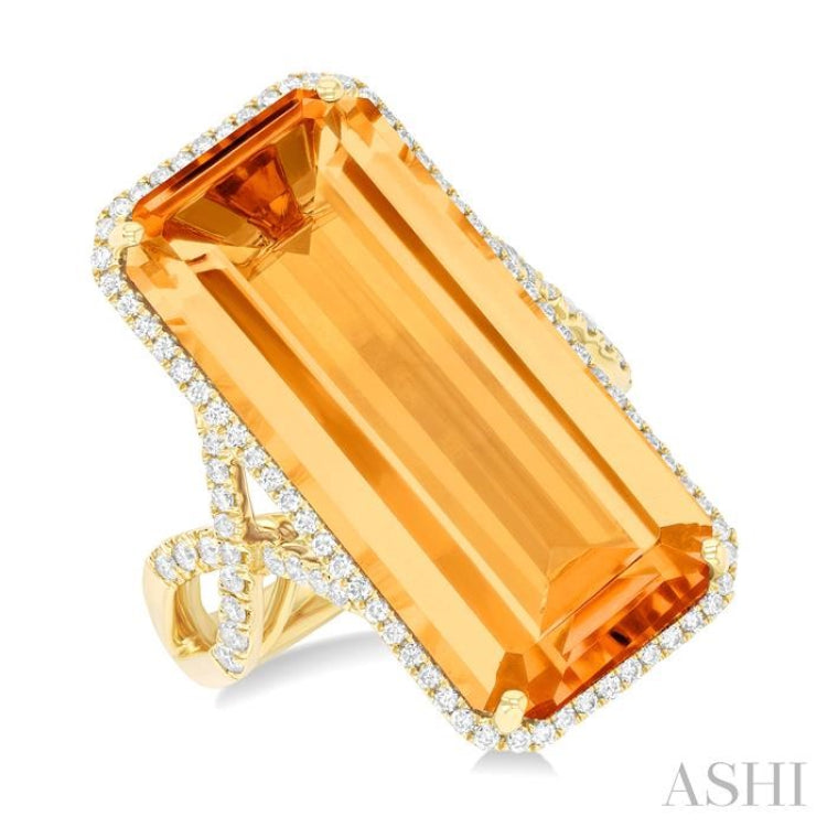 26x12 MM Emerald Cut Citrine and 1/2 Ctw Round Cut Diamond Halo Semi-Precious Ring in 14K Yellow Gold