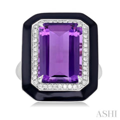 14x10 MM Emerald Cut Amethyst and 1/5 Ctw Round Cut Diamond Halo & Black Enamel Border Semi-Precious Ring in 14K White Gold