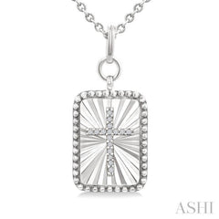 1/20 Ctw Rectangle Fluted Medallion Single Cut Diamond Cross Pendant With Chain in Sterling Silver