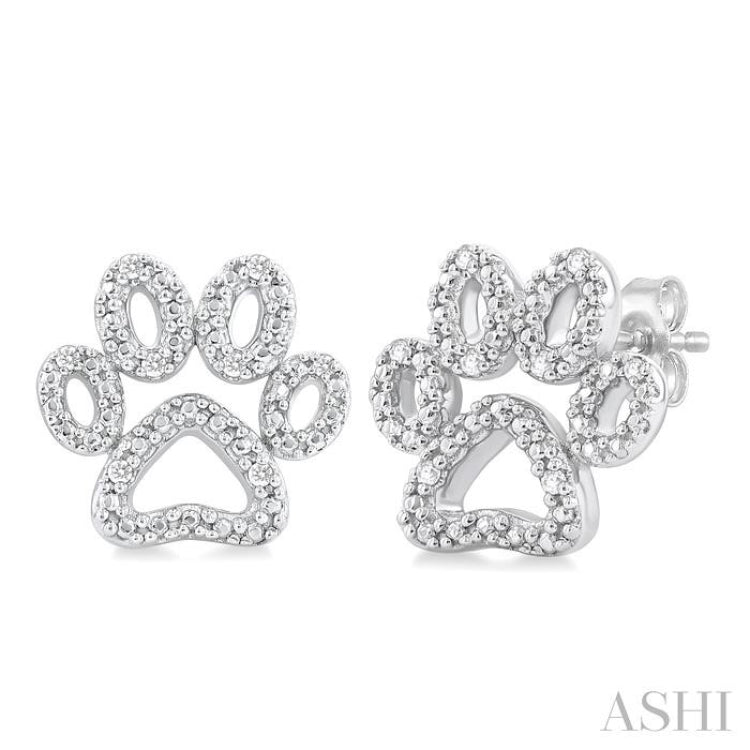1/20 Ctw Dog Paw Round Cut Diamond Fashion Stud Earrings in Sterling Silver