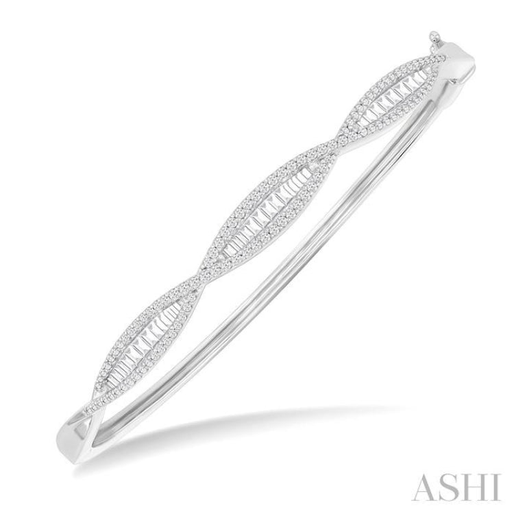 1 ctw Elongated Twist Pattern Baguette and Round Cut Diamond Fashion Bangle in 14K White Gold