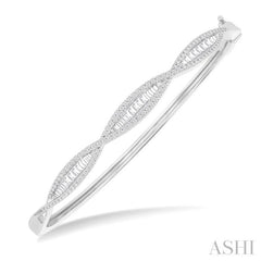 1 ctw Elongated Twist Pattern Baguette and Round Cut Diamond Fashion Bangle in 14K White Gold