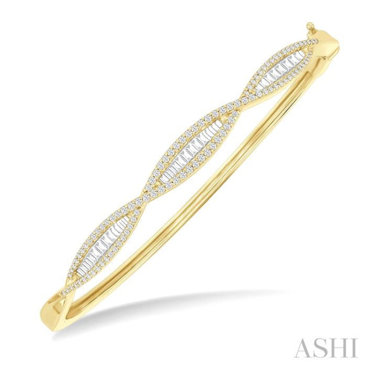 1 ctw Elongated Twist Pattern Baguette and Round Cut Diamond Fashion Bangle in 14K Yellow Gold