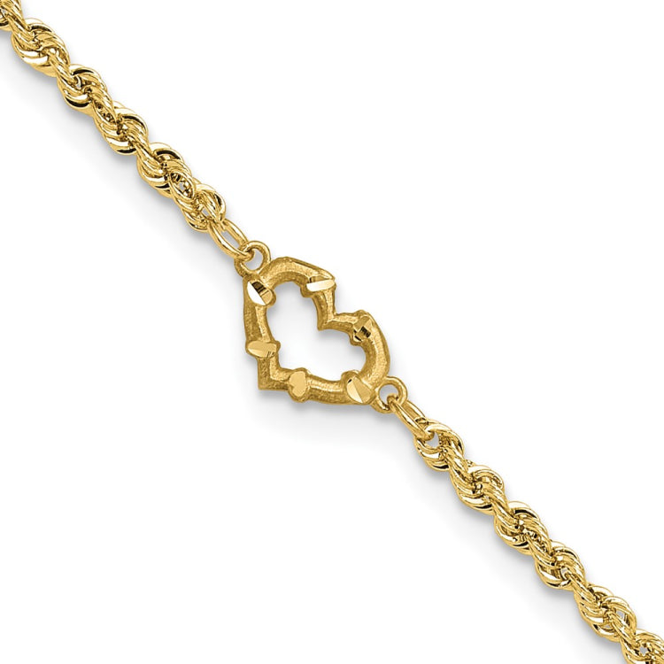 14k Diamond-cut Open Heart and Rope Chain 10 inch Anklet