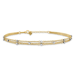 14k Two-tone 3-Strand Chain with Mirror Beads 9 inch Plus 1 inch Extender - Total 10 inch Anklet