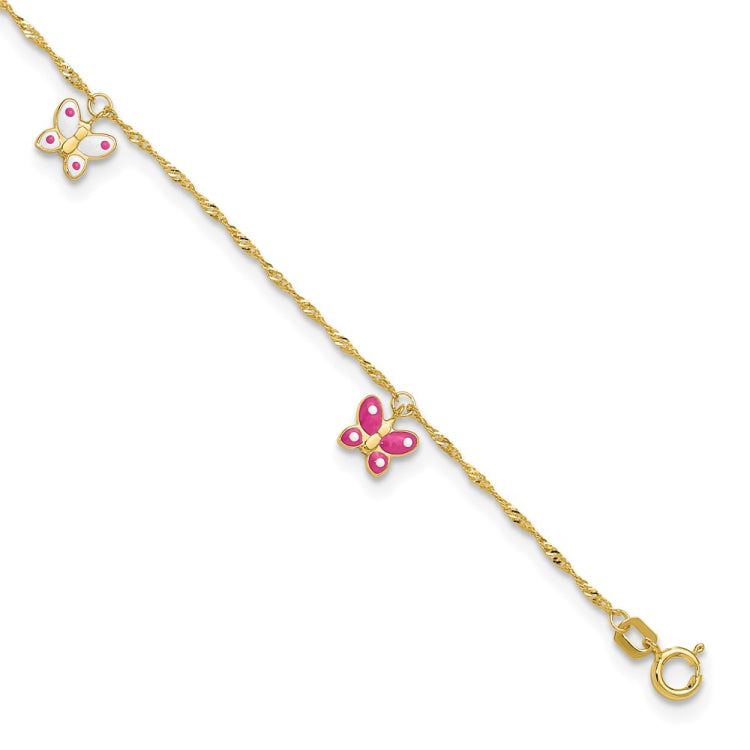 14k Pink and White Enameled Butterfly Dangles 9 inch Plus 1 inch Extender - Total 10 inch Anklet