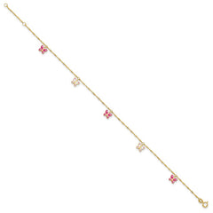 14k Pink and White Enameled Butterfly Dangles 9 inch Plus 1 inch Extender - Total 10 inch Anklet