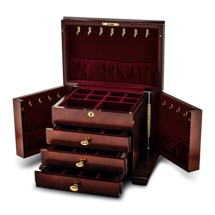 Luxury Giftware by Jere Matte Cherry Finish Poplar Veneer 3-drawer w/Swing-out Sides Locking Wooden Jewelry Chest