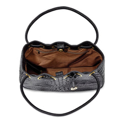 Luixury Giftware by Jere Top Grain Leather Croc Texture Black Drawstring Magnetic Snap Handbag with 2 Slip Pockets, 2 Pen Pockets, Key Fob