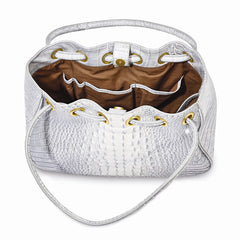 Top Grain Leather Croc Texture Silver-Grey Drawstring Magnetic Snap Handbag with 2 Slip Pockets, 2 Pen Pockets, Key Fob