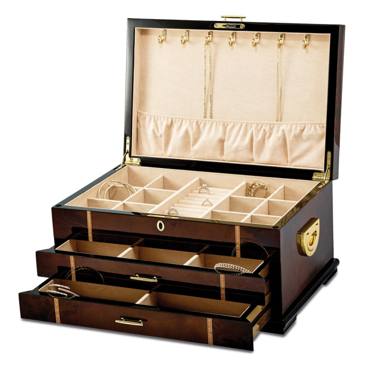 Luxury Giftware High Gloss Rustic Burlwood Veneer w/Walnut and Scrolled Inlay 2-drawer Locking Wooden Jewelry Chest