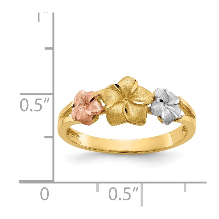 14k Tri-color Three Plumeria Flowers Ring