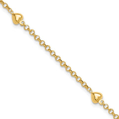 14k Polished Puffed Heart 3-Station 10 inch Anklet