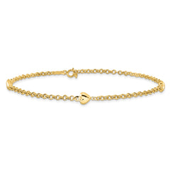14k Polished Puffed Heart 3-Station 10 inch Anklet