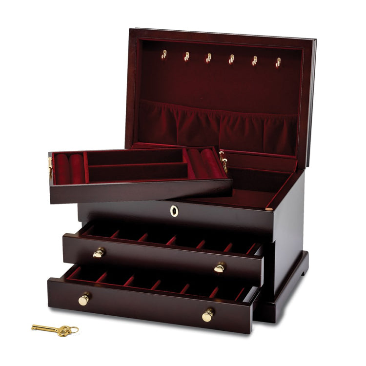Luxury Giftware by Jere Matte Mahogany Finish Poplar Veneer 2-drawer Locking Wooden Jewelry Box