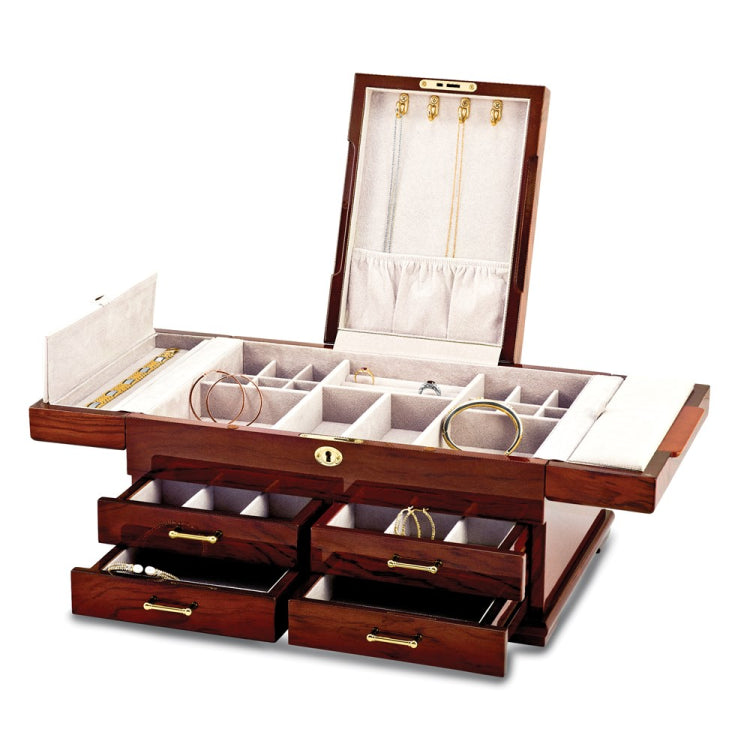 Luxury Giftware by Jere High Gloss Bubinga Veneer w/Mapa Burl and Scrolled Inlay Fold-out Top 4-drawer Locking Wooden Jewelry Box