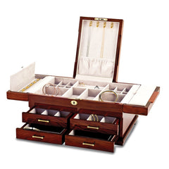 Luxury Giftware by Jere High Gloss Bubinga Veneer w/Mapa Burl and Scrolled Inlay Fold-out Top 4-drawer Locking Wooden Jewelry Box