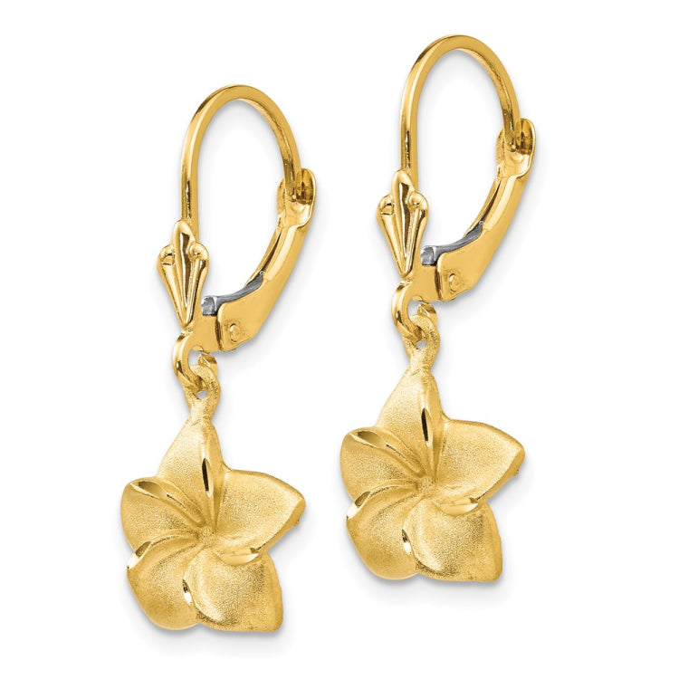 14k Satin and Diamond-Cut Plumeria Dangle Leverback Earrings