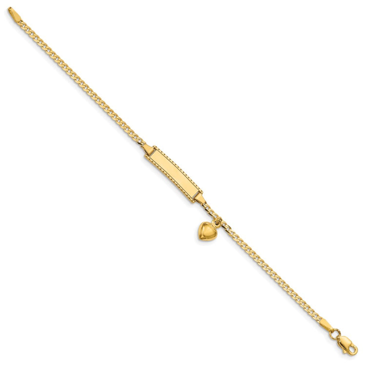14k Polished Solid Chain/Solid Plate Heart Dangle Curb Link 21x5mm Plate 6 inch Baby/Child ID Bracelet