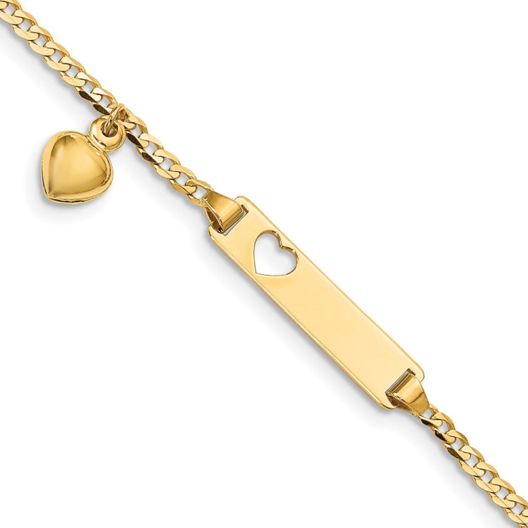 14k Polished Solid Chain/Solid Plate Cut-out Heart with Heart Dangle Curb Link 21x5mm Plate 6 inch Baby/Child ID Bracelet