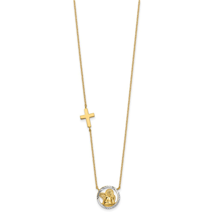 14k and White Rhodium Diamond-cut Angel and Cross 17 inch Necklace