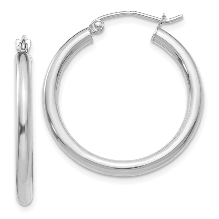 14K White Gold 2.5x25mm Polished Round Tube Hoop Earrings