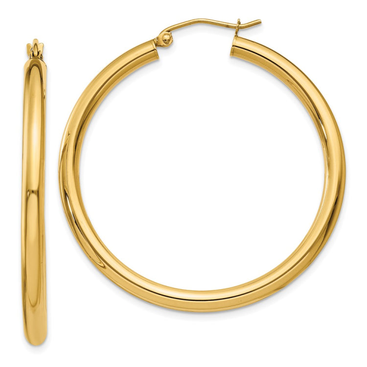 14K 3x40mm Polished Tube Hoop Earrings