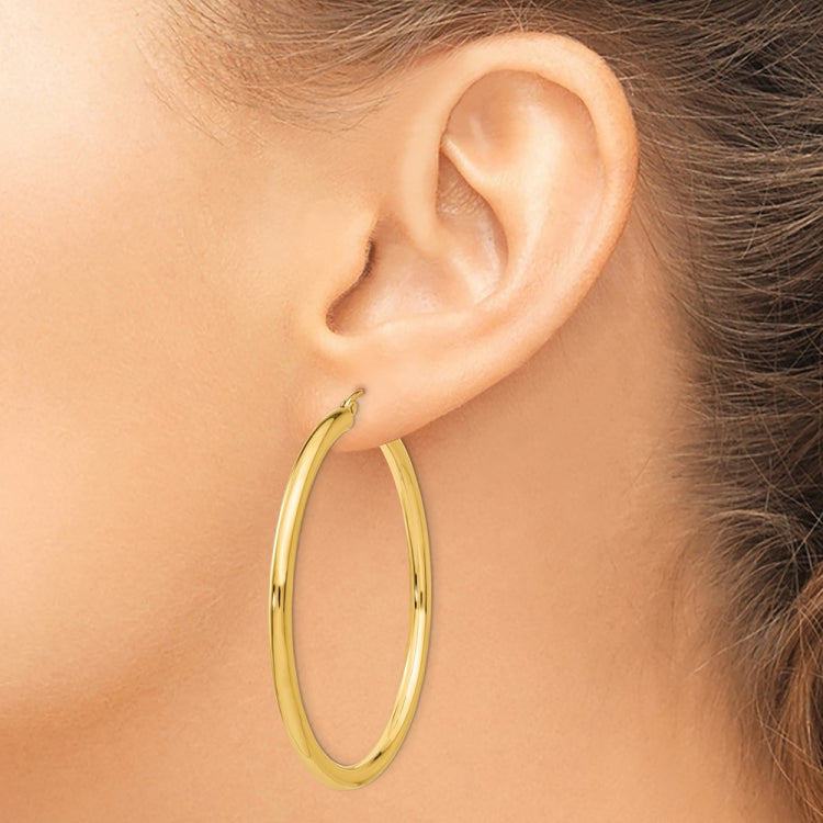 14K 3x50mm Polished Tube Hoop Earrings