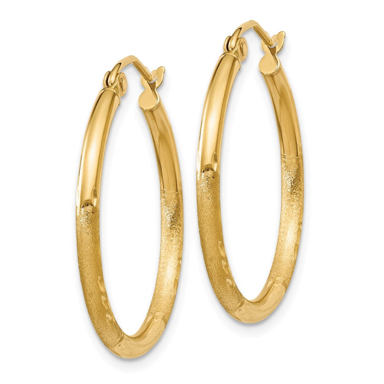14k 2x25mm Satin Diamond-cut Round Tube Hoop Earrings