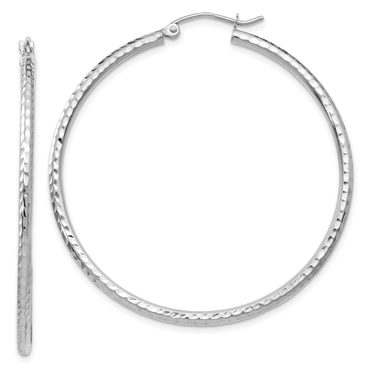 14k White Gold 2x45mm Diamond-cut Round Tube Hoop Earrings