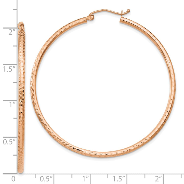 14k Rose Gold 2x50mm Diamond-cut Round Tube Hoop Earrings