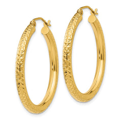 14k 3x30mm Diamond-cut Round Tube Hoop Earrings
