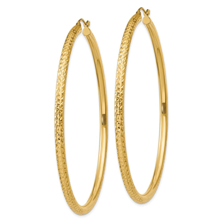 14k 3x65mm Diamond-cut Round Tube Hoop Earrings