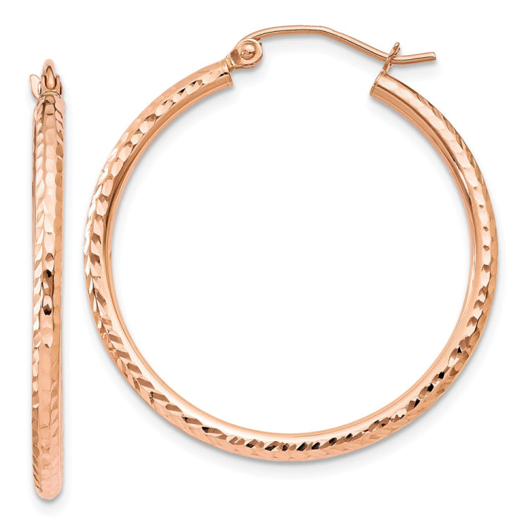 14k Rose Gold 2x30mm Diamond-cut Polished Tube Hoop Earrings