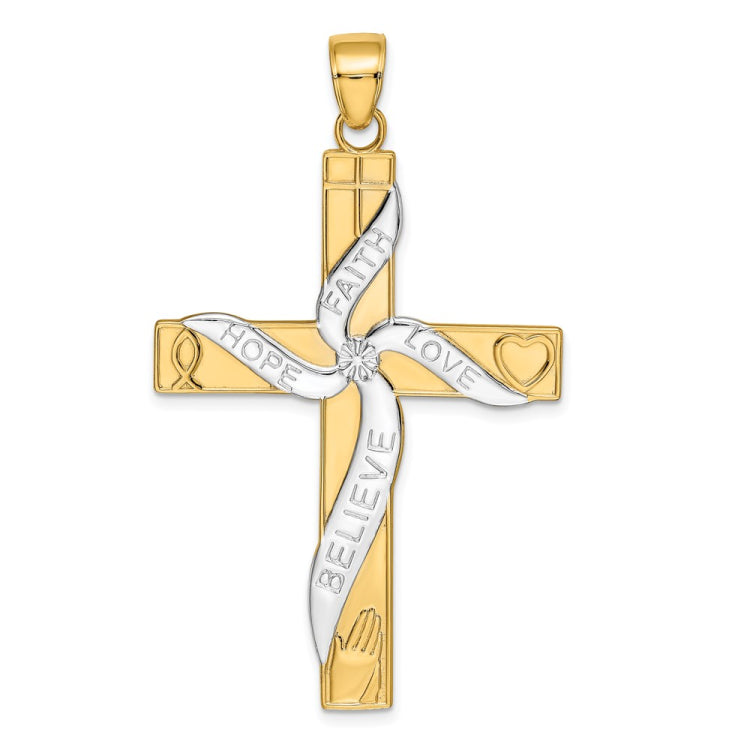 14K and White Rhodium Large HOPE FAITH LOVE BELIEVE Cross Pendant