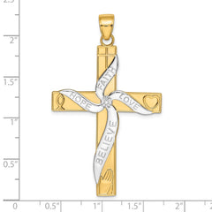 14K and White Rhodium Large HOPE FAITH LOVE BELIEVE Cross Pendant