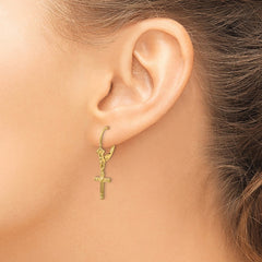 14K Cross with Heart Dangle Leverback Earrings