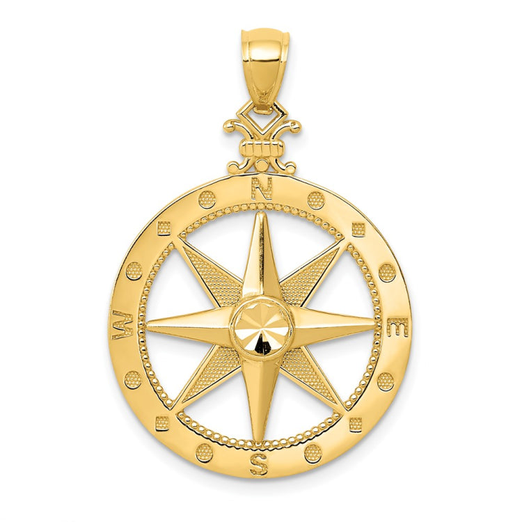14K Diamond-Cut Polished and Satin Compass Pendant