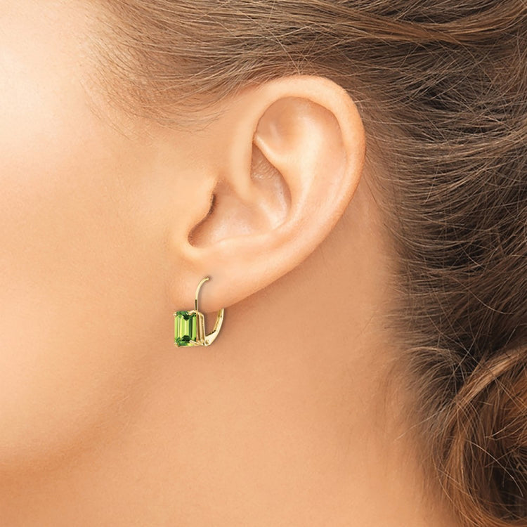 14k 7x5mm Emerald-cut Peridot Leverback Earrings