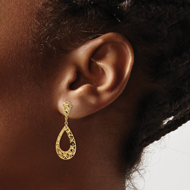 14k Diamond-cut Floral Teardrop Dangle Post Earrings