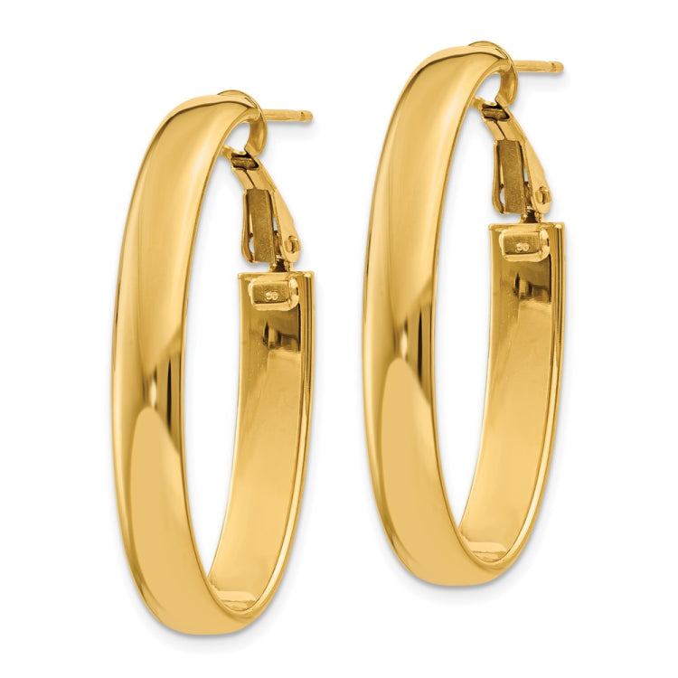 14k 6x34mm Polished Oval Omega Back Tube Hoop Earrings