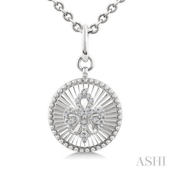 1/10 Ctw Round fluted medallion Single Cut Diamond Fleur-De-Lis Pendant With Chain in Sterling Silver