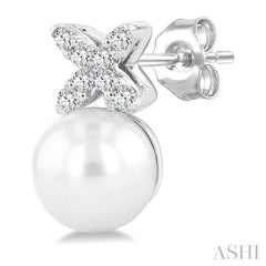 6 MM Cultured Pearl and 1/10 Ctw Round Cut Diamond Floral Fashion Earrings in 14K White Gold