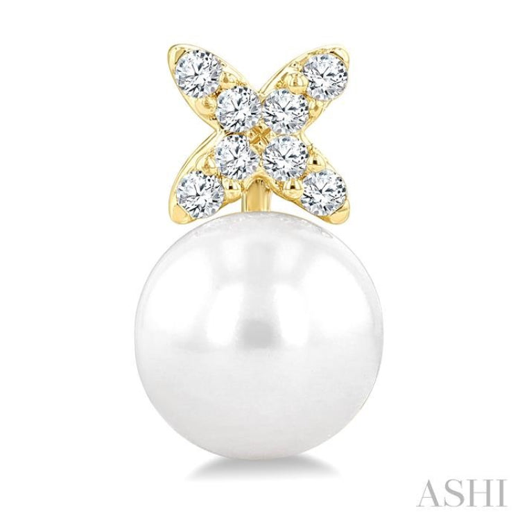 6 MM Cultured Pearl and 1/10 Ctw Round Cut Diamond Floral Fashion Earrings in 14K Yellow Gold