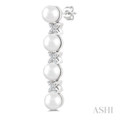 5 MM Cultured Pearl and 1/6 Ctw Round Cut Diamond Floral Fashion Earrings in 14K White Gold