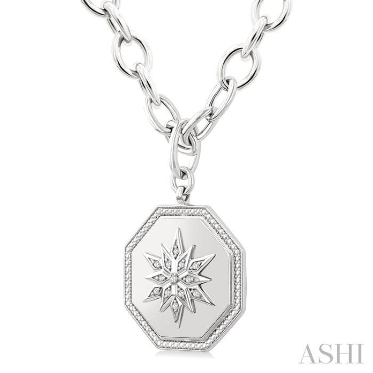 1/20 Ctw Octagon Shape medallion Single Cut Diamond Star Pendant With Chain in Sterling Silver