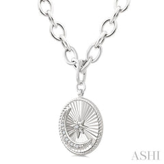 1/20 Ctw Circle Fluted Medallion Single Cut Diamond Moon & Star Fashion Pendant With Chain in Sterling Silver